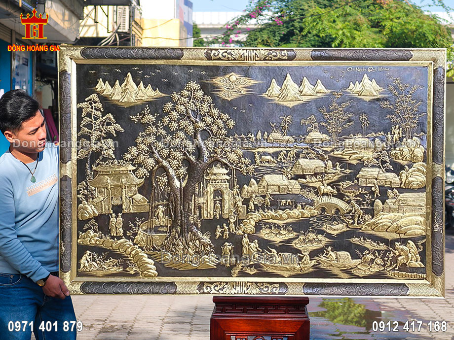 Tranh đồng quê bằng đồng hun giả cổ được chế tác hoàn toàn thủ công